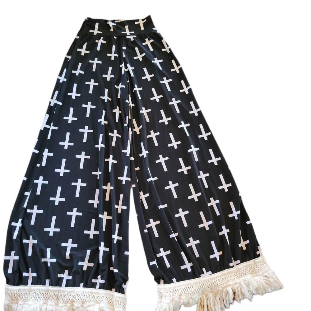 L&B Pant Flare Wide Fringe Botton Leg Cross Print Pull On Elastic Waist Sz Small